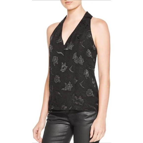 COOPER & ELLA Black Tank Top T-back Blouse Floral Metallic Chiffon Zipper XS - Picture 2 of 5